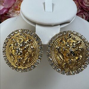 Vintage Gold 3D Lion Head Earrings with Rhinestones